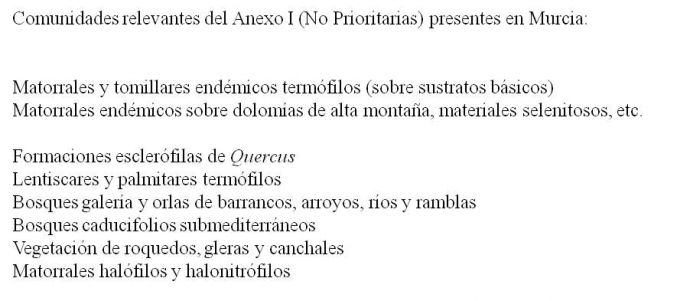 Comunidades relevantes No prioritarias del Anexo I de la Directiva Habitat presentes en Murcia